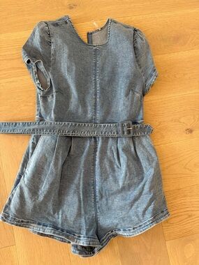 Free People Denim-Style Short romper jumpsuit with belt in Blue